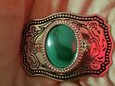Western Silver Tone Belt Buckle with onxy Green Center Stone