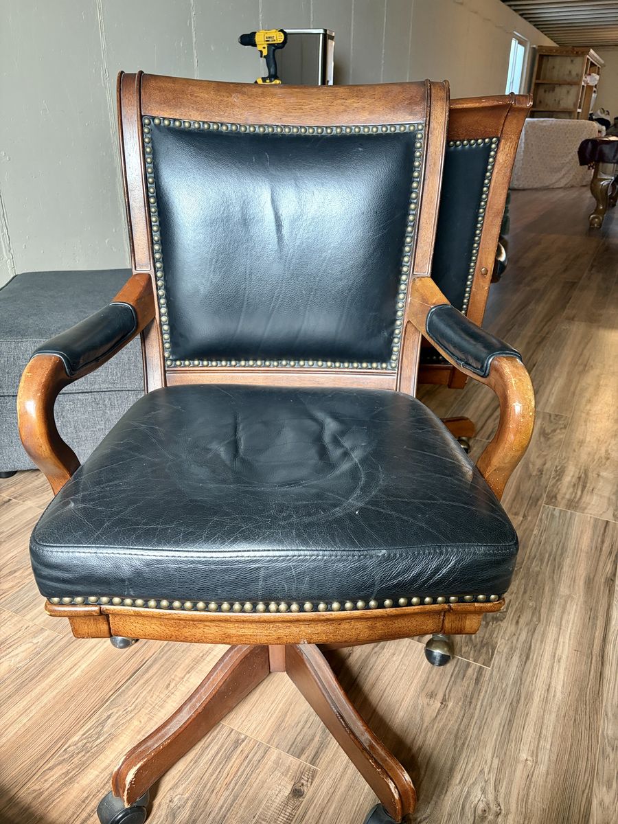 Nice rolling office chair with leather and brass accents