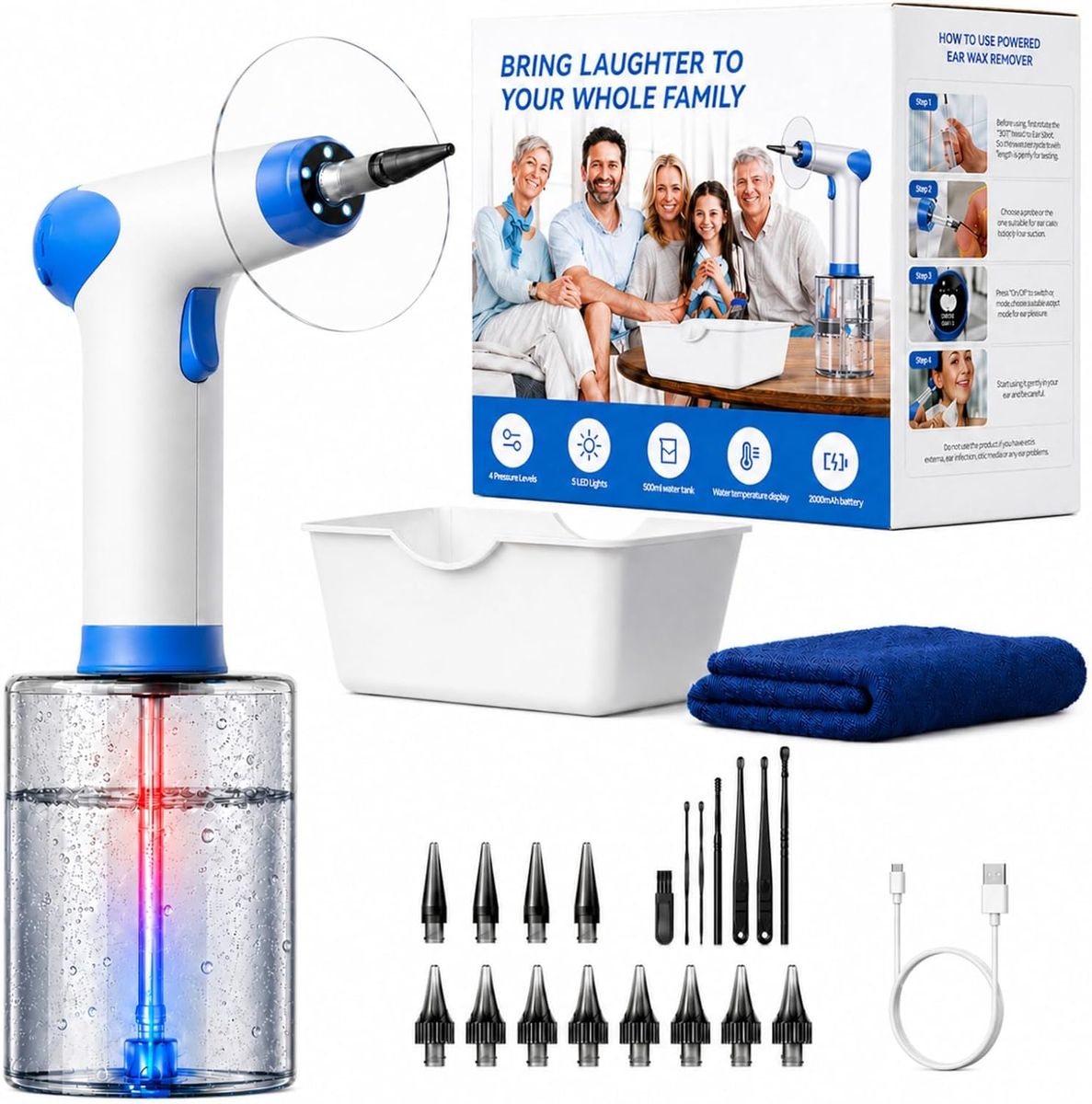 NEW Electric Ear Wax Removal Kit with Digital Temperature Display, Ear Cleaner with 4 Pressure Modes, with 12 TipsSet and Towel