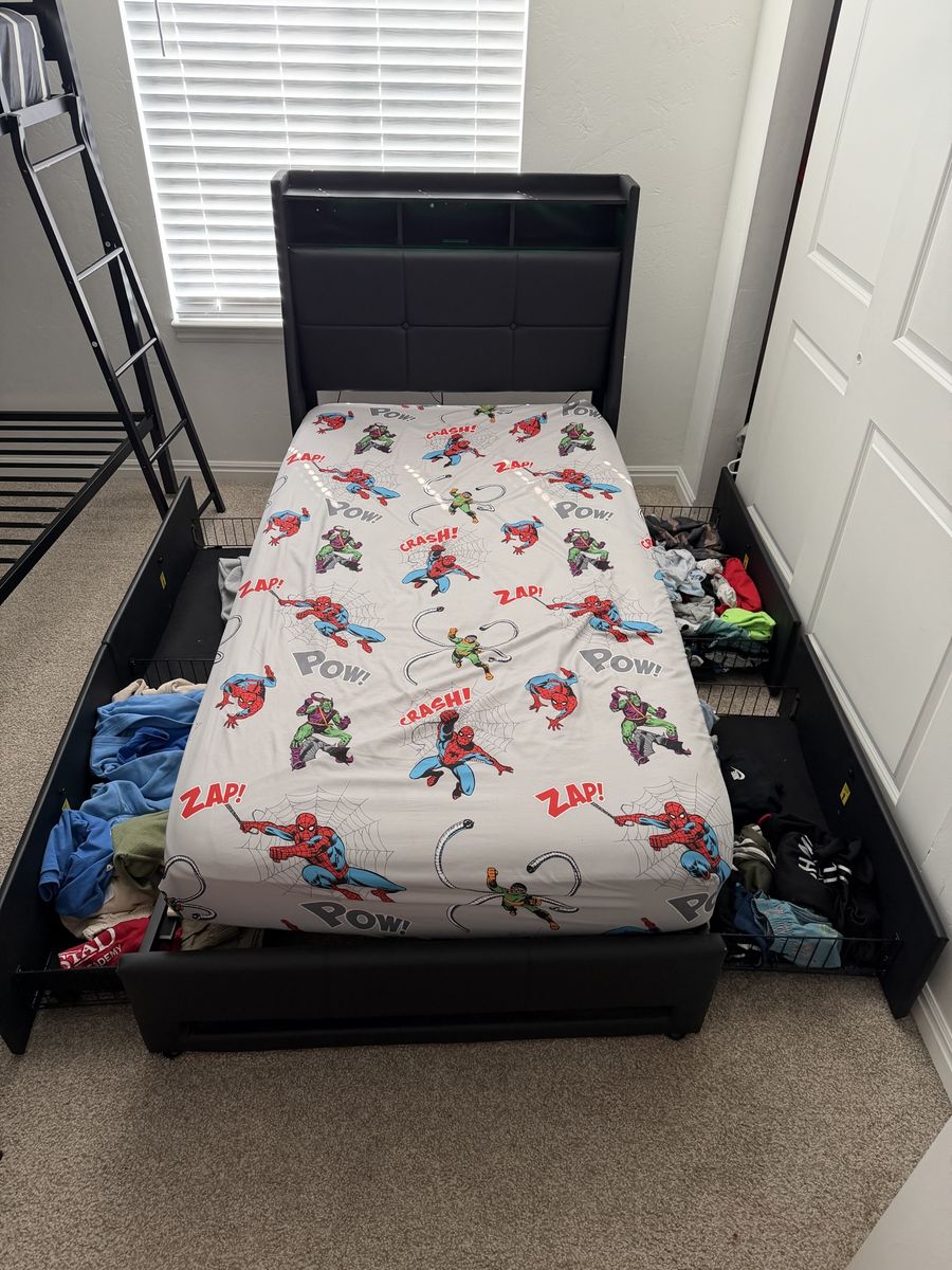 Black Twin Bed Frame with Upholstered Storage Headboard & Drawers