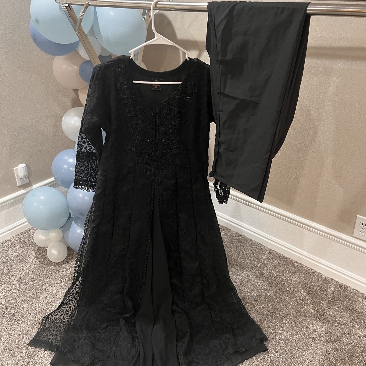 Elegant Black Embroidered & Sequin Chiffon & Lace Long Dress with Matching Pants - Pakistani/Indian  Mexy Style, Size Large