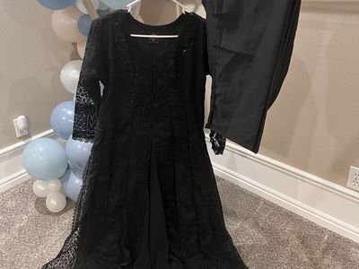 Elegant Black Embroidered & Sequin Chiffon & Lace Long Dress with Matching Pants - Pakistani/Indian Mexy Style, Size Large