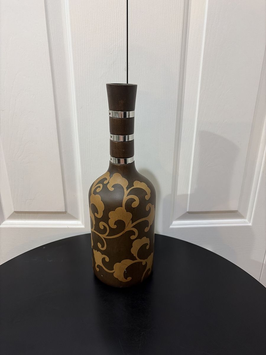 Decorative Wooden Bottle Vase - Brown with Gold Swirls & Silver Bands, Unique Home Decor