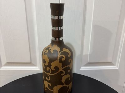 Decorative Wooden Bottle Vase - Brown with Gold Swirls & Silver Bands, Unique Home Decor