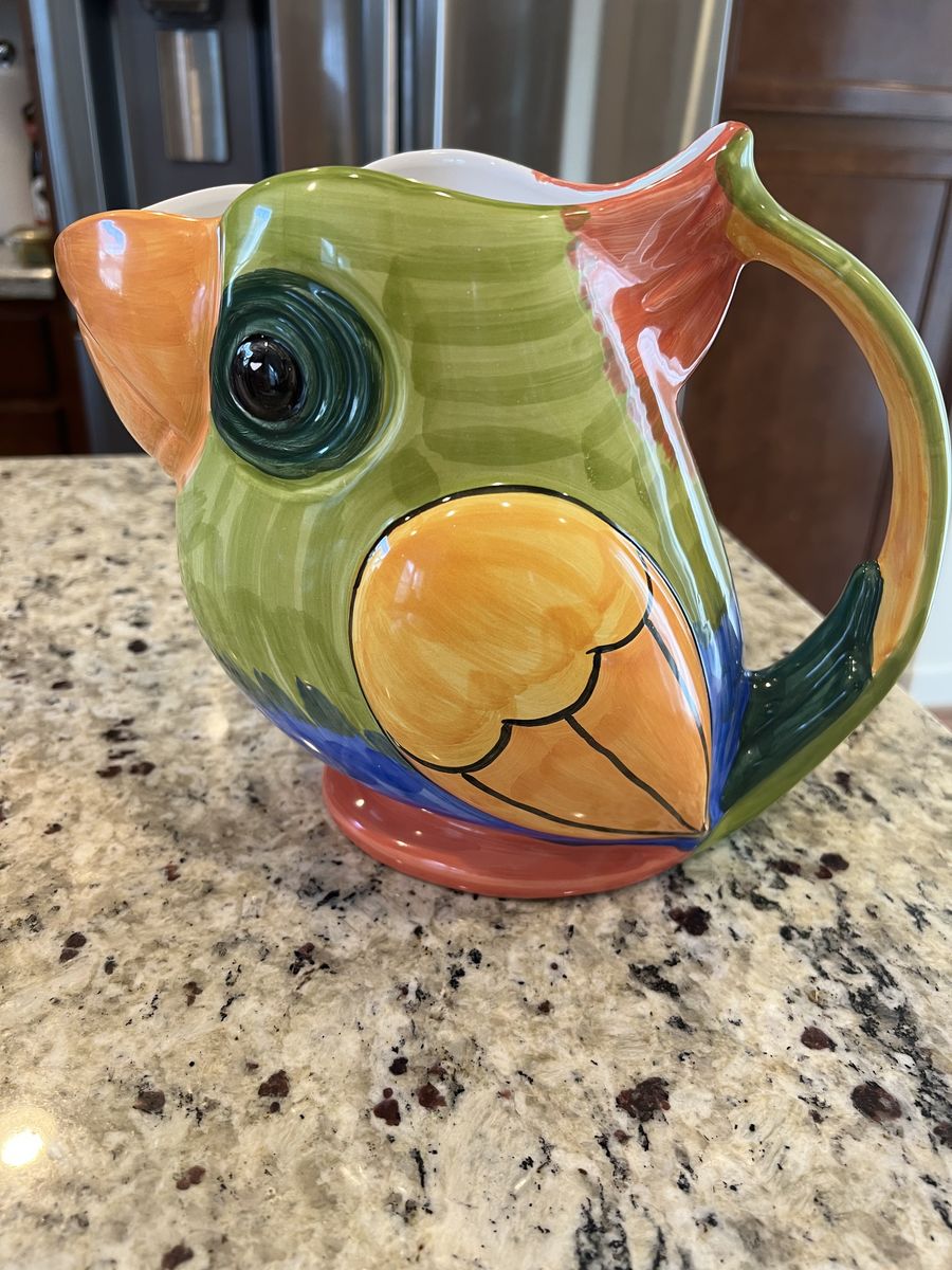 Italian Porcelain Handpainted Parrot Pitcher.