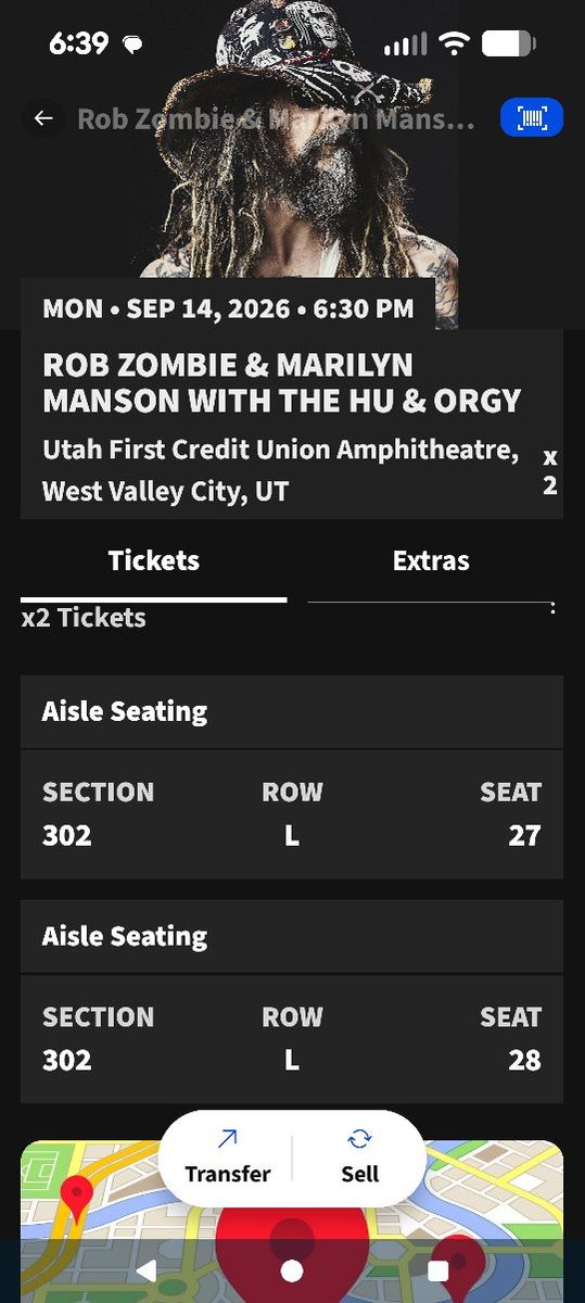 2x Rob Zombie & Marilyn Manson Tickets - Sep 14, 2026 - Utah First Credit Union Amphitheatre, Section 302
