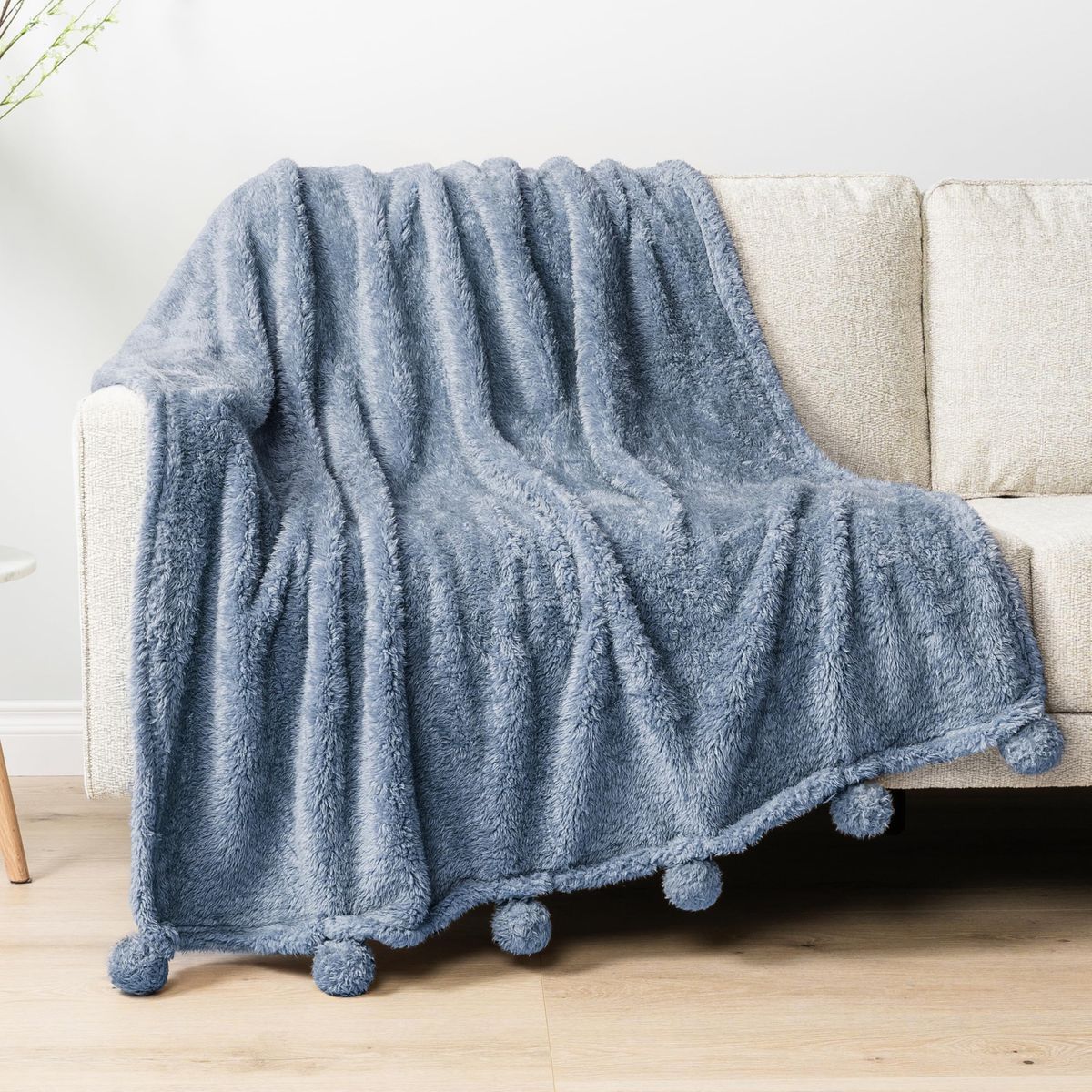 Cozy Blue Faux Fur Throw Blanket with Pom-Pom Accents - Soft & Warm 50” by 60”
