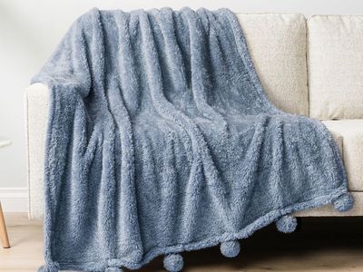 Cozy Blue Faux Fur Throw Blanket with Pom-Pom Accents - Soft & Warm 50” by 60”