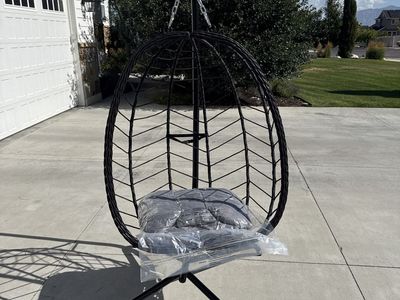 Black Outdoor Wicker Hanging Egg Chair with Stand & Cushions - Patio Swing