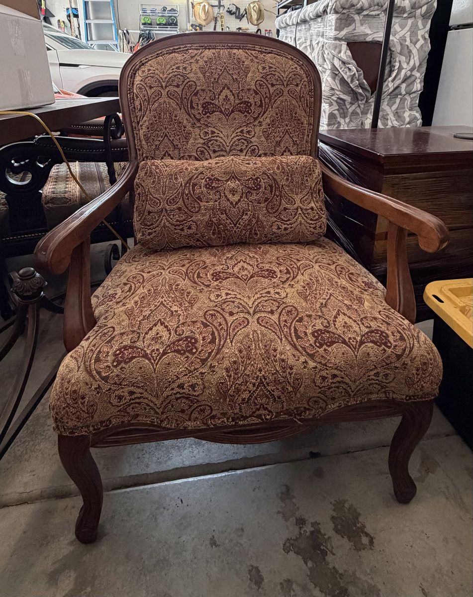 Ornate Wooden Armchair with Paisley Upholstery - Decorative Accent Chair