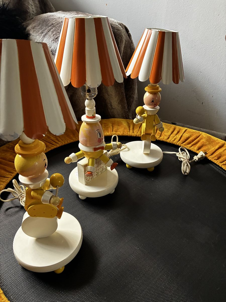 Vintage Humpty Dumpty Egg Man and 2 clowns Wooden Table Lamps - Set of 3, Orange & White Striped Shades