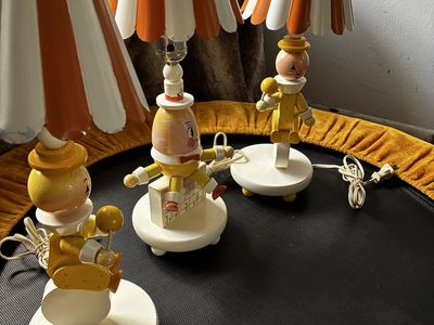 Vintage Humpty Dumpty Egg Man and 2 clowns Wooden Table Lamps - Set of 3, Orange & White Striped Shades