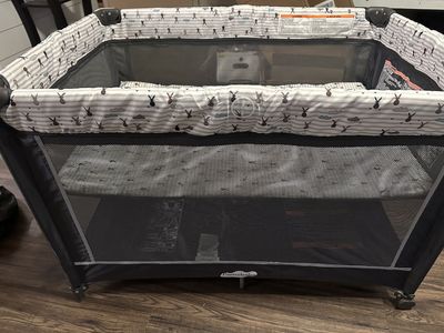 Pamo Babe Portable Pack and Play with Bassinet - Baby Playard (Grey/Bunny)