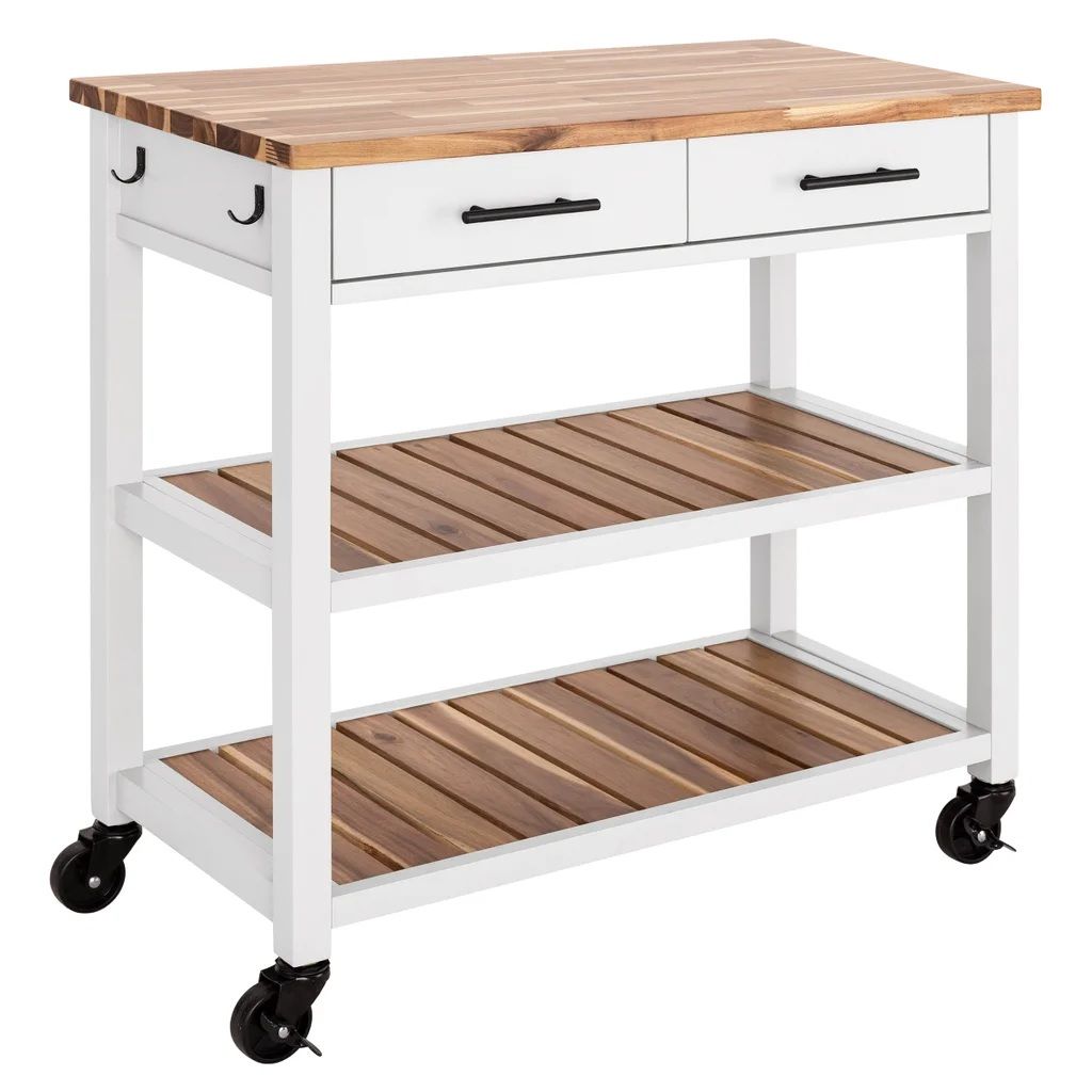 Seville Acacia Kitchen Cart with Acacia Shelves, White 1901783 #106756