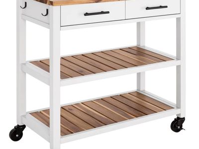 Seville Acacia Kitchen Cart with Acacia Shelves, White 1901783 #106756