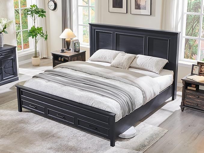 NEW Queen Farmhouse Wood Bed Frame w/drawers