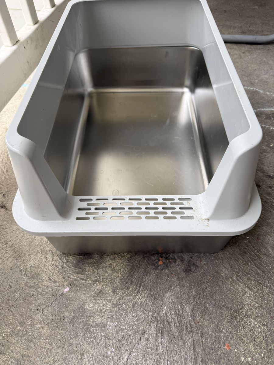 Used Stainless Steel Litter Box with Grey Plastic Enclosure