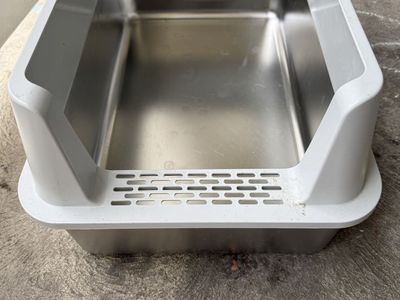 Used Stainless Steel Litter Box with Grey Plastic Enclosure