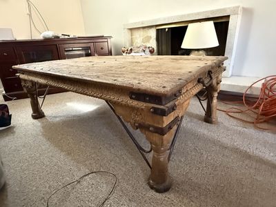 Large Rustic Wood and Wrought Iron Coffee Table