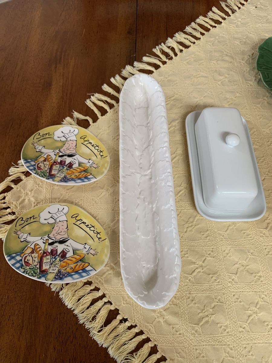 White Ceramic Bread, Butter and 2 Chef Plates.