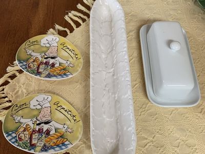 White Ceramic Bread, Butter and 2 Chef Plates.