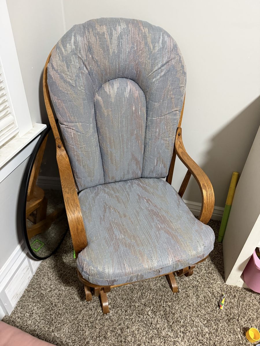 Wooden Glider Rocking Chair with Blue Patterned Upholstered Cushions