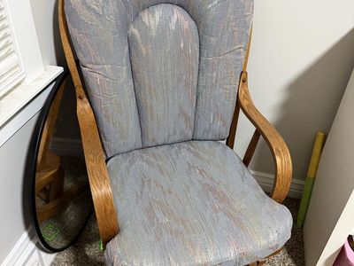 Wooden Glider Rocking Chair with Blue Patterned Upholstered Cushions