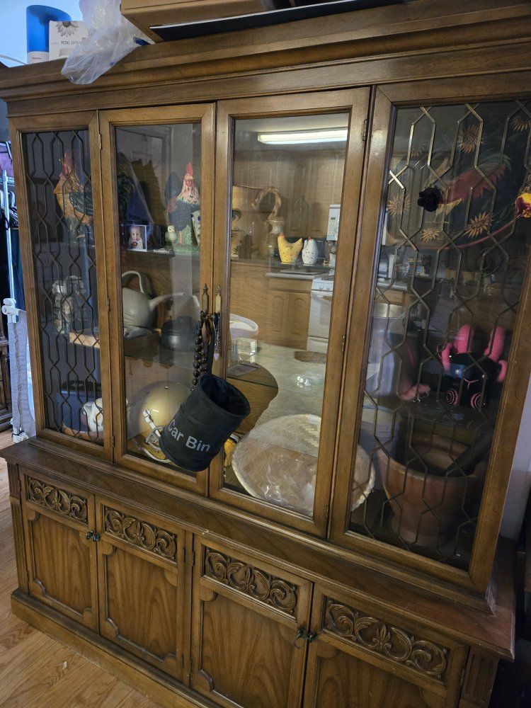 Vintage Wooden Display Cabinet China Cabinet with Glass Doors and Carved Details