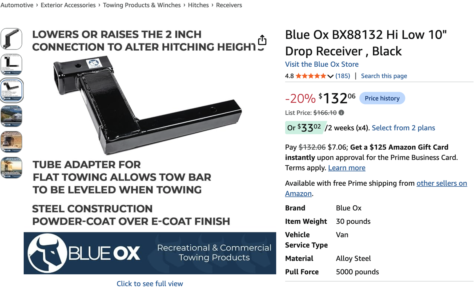 Blue Ox BX88132 Hi-Low 10 Inch Drop Receiver Black