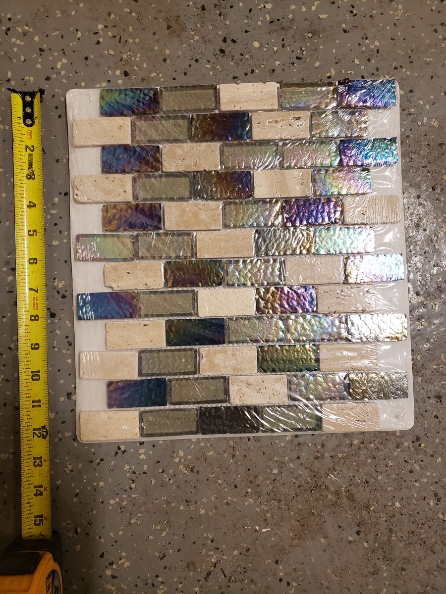 Iridescent Glass and Travertine Back Splash Tile