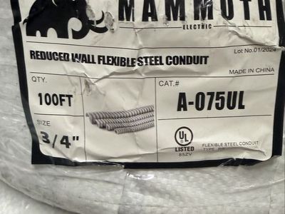 3/4" Reduced Wall Flexible Steel Conduit, 100 ft. Coil, UL Listed