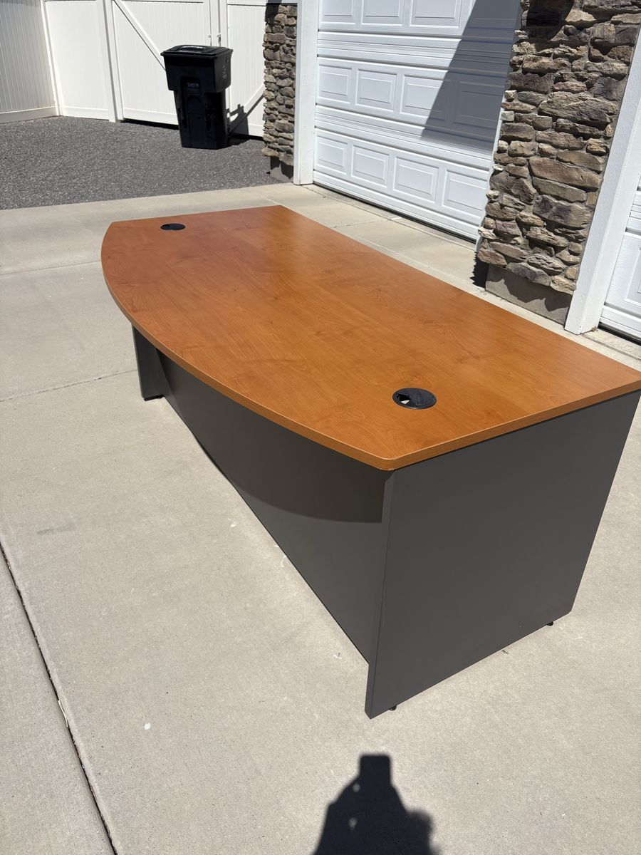 Large Modern Office Desk, Cherry Wood Top, Gray Base