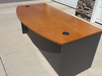 Large Modern Office Desk, Cherry Wood Top, Gray Base