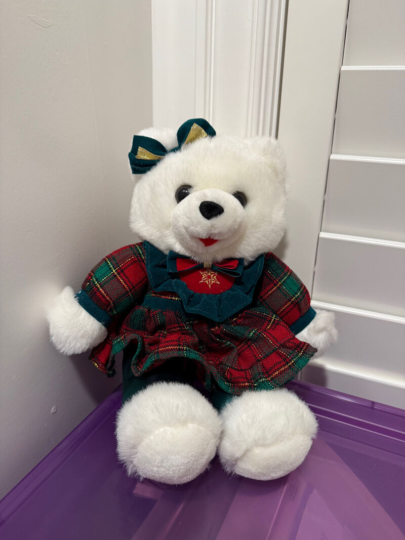 Plush Teddy Bear Dressed in Christmas Colors, NEW