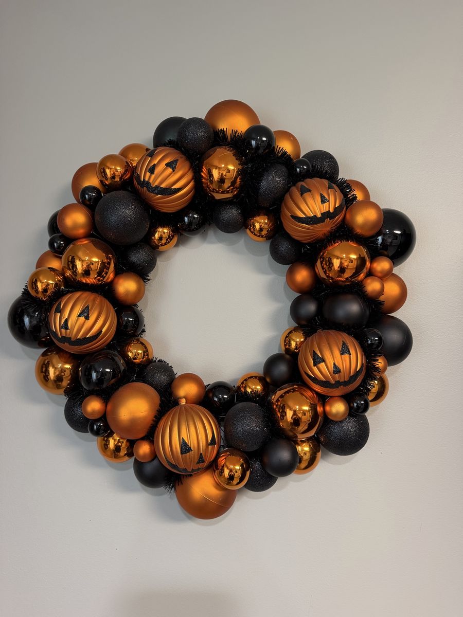 Halloween Pumpkin & Bauble Wreath - Black & Metallic Orange Door Decor