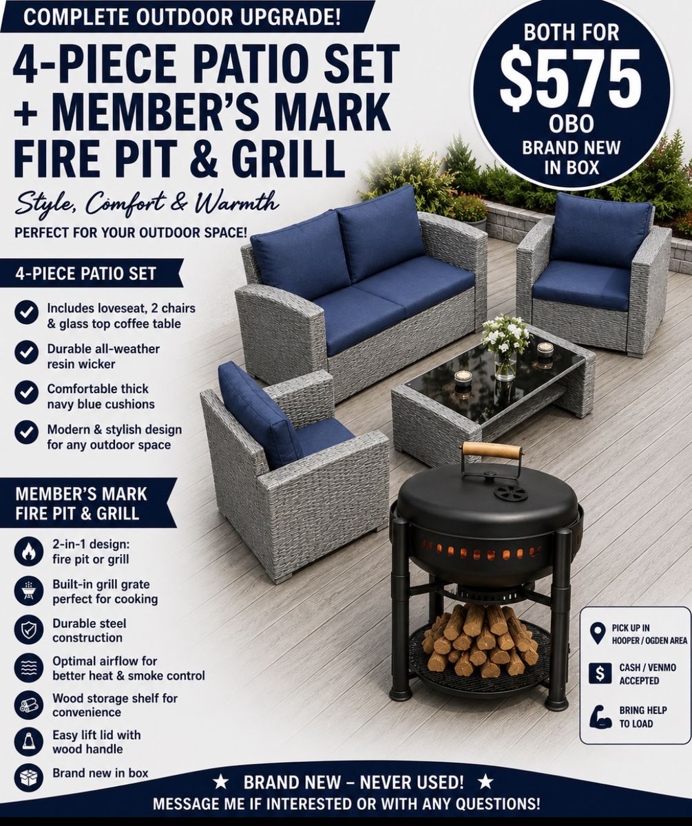 Member's Mark 4-Piece Patio Set (Resin Wicker, Navy Cushions) & 2-in-1 Fire Pit/Grill