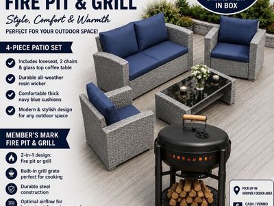 Member's Mark 4-Piece Patio Set (Resin Wicker, Navy Cushions) & 2-in-1 Fire Pit/Grill