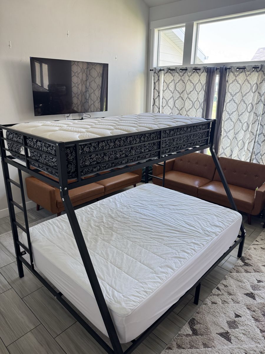 Black Metal Twin over Full Bunk Bed Frame with Mattresses