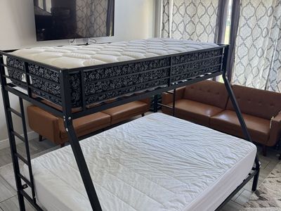 Black Metal Twin over Full Bunk Bed Frame with Mattresses