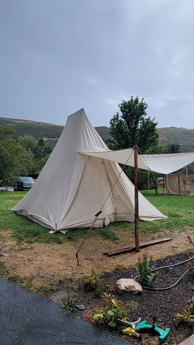 16’ (I think) Modified Miner’s tent or Extended Pyramid Tent- mountain man rendezvous tent- canvas in good condition.
