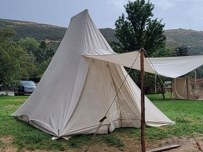 16’ (I think) Modified Miner’s tent or Extended Pyramid Tent- mountain man rendezvous tent- canvas in good condition.