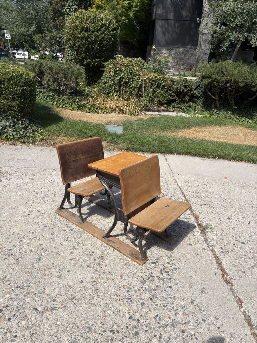 Vintage Double School Desk with Cast Iron Frame and Wooden Seats