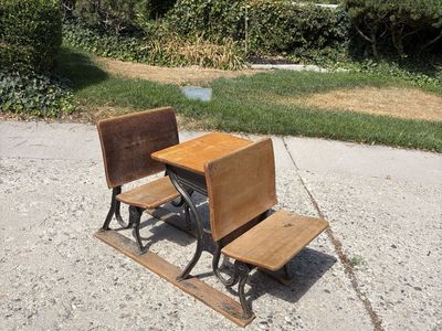 Vintage Double School Desk with Cast Iron Frame and Wooden Seats