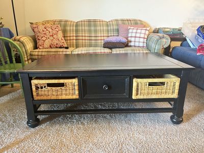 Black Farmhouse Coffee Table with Wicker Baskets