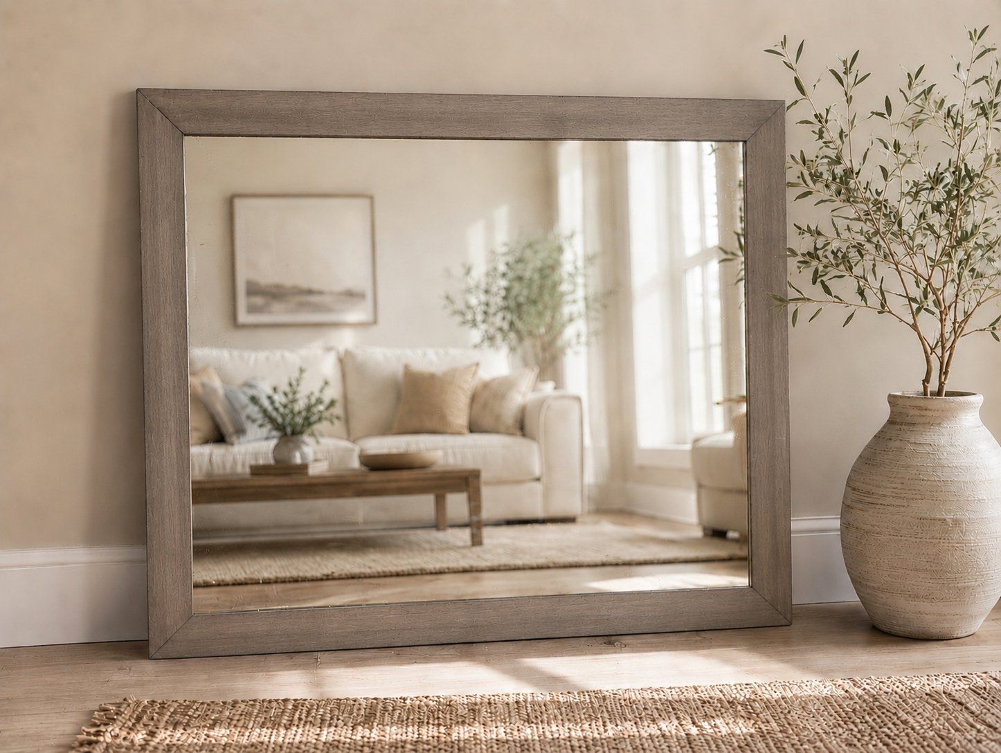 Large Solid Hardwood Framed Wall Mirror – Rustic Taupe Gray Finish – Farmhouse / Modern / Coastal Decor