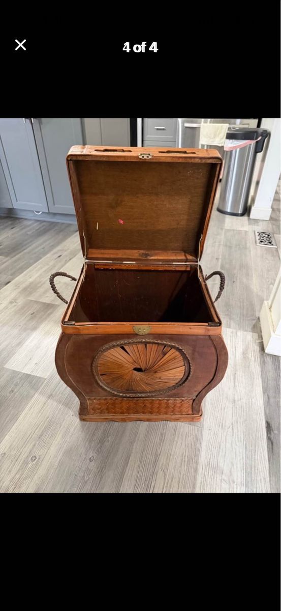 Vintage Woven Bamboo and Wood Storage Box Basket with Lid