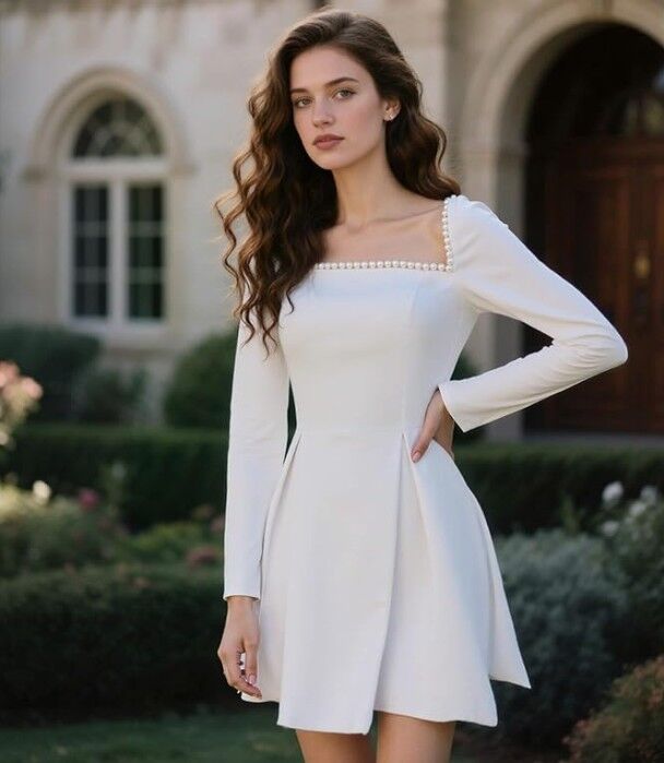 New White square neck, long sleeve mini dress