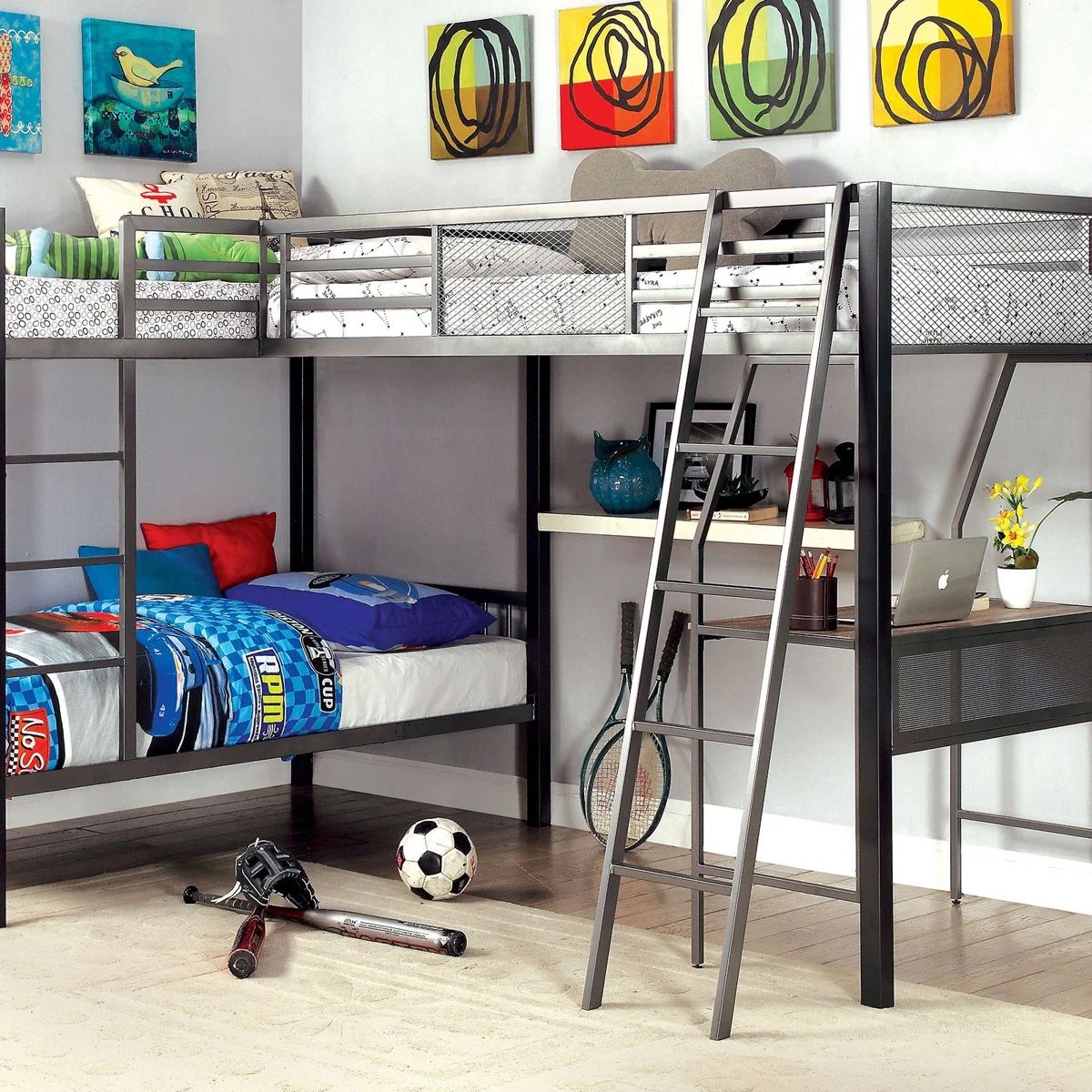 Metal Loft Bed with Built-In Desk and L-Shaped Bunk Bed Frame