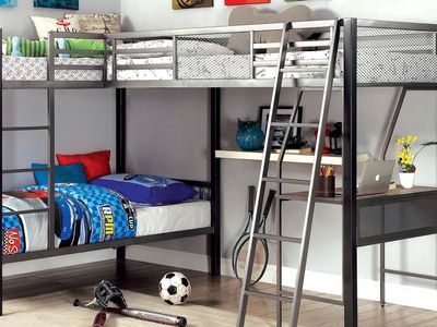 Metal Loft Bed with Built-In Desk and L-Shaped Bunk Bed Frame