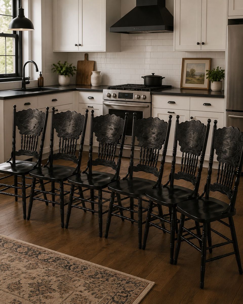 Beautiful Set Of Six Vintage Black Pressed Back Dining Chairs